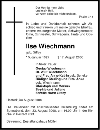 Traueranzeige von Ilse Wiechmann von ALLGEMEINE ZEITUNG UELZEN