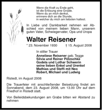 Traueranzeige von Walter Reisener von ALLGEMEINE ZEITUNG UELZEN