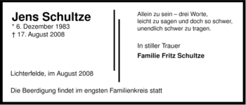 Traueranzeige von Jens Schultze von ALLGEMEINE ZEITUNG UELZEN