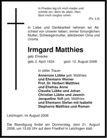 Traueranzeige von Irmgard Matthies von ALLGEMEINE ZEITUNG UELZEN