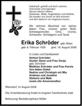 Traueranzeige von Erika Schröder von ALLGEMEINE ZEITUNG UELZEN