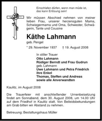 Traueranzeige von Käthe Lahmann von ALLGEMEINE ZEITUNG UELZEN