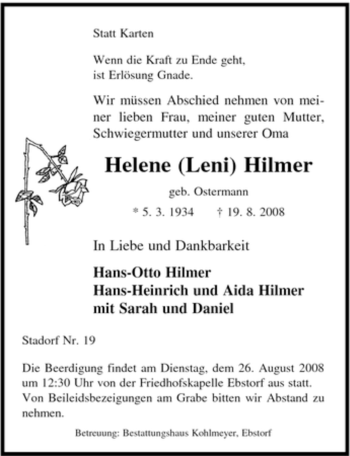 Traueranzeige von Helene Hilmer von ALLGEMEINE ZEITUNG UELZEN