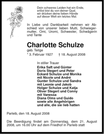 Traueranzeige von Charlotte Schulze von ALLGEMEINE ZEITUNG UELZEN