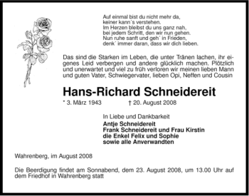 Traueranzeige von Hans-Richard Schneidereit von ALLGEMEINE ZEITUNG UELZEN