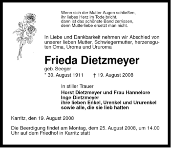 Traueranzeige von Frieda Dietzmeyer von ALLGEMEINE ZEITUNG UELZEN