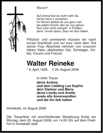 Traueranzeige von Walter Reineke von ALLGEMEINE ZEITUNG UELZEN