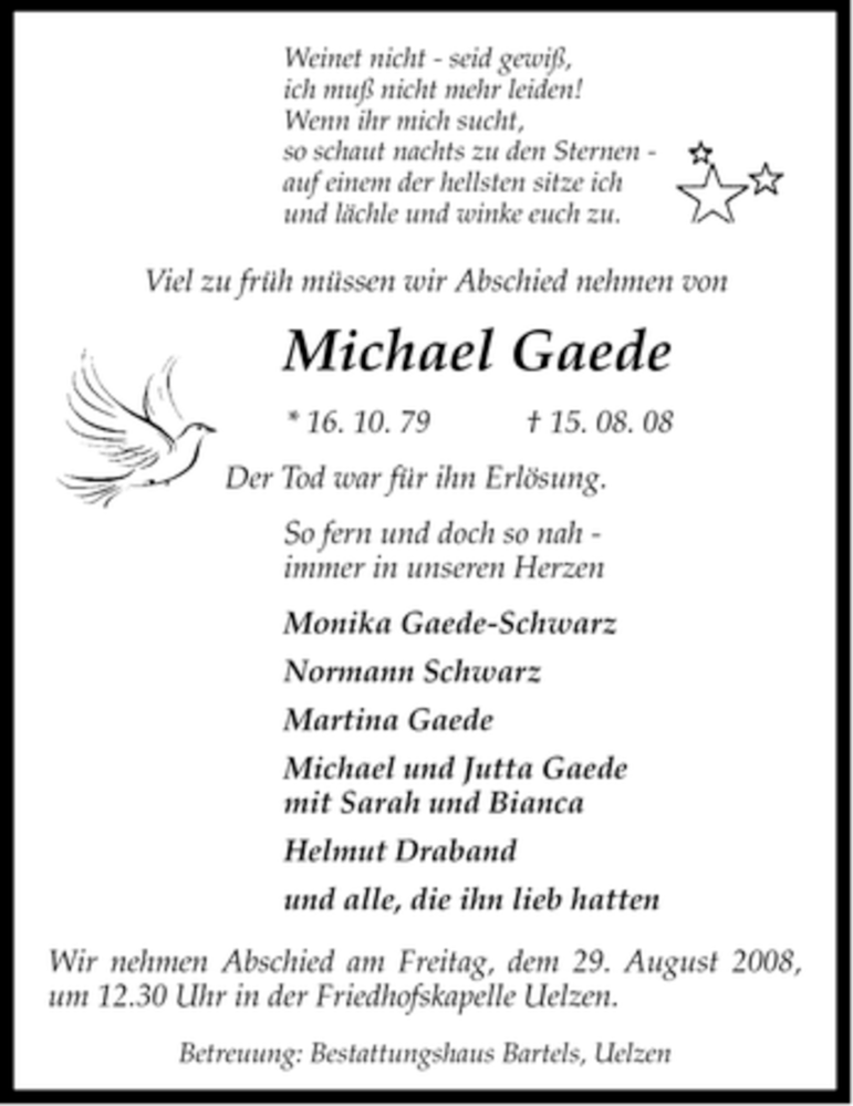  Traueranzeige für Michael Gaede vom 23.08.2008 aus ALLGEMEINE ZEITUNG UELZEN