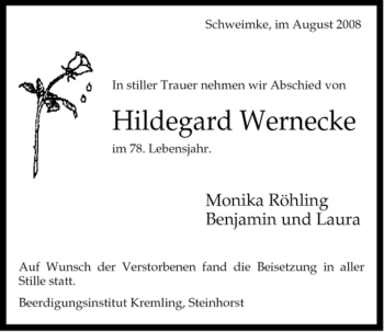 Traueranzeige von Hildegard Wernecke von ALLGEMEINE ZEITUNG UELZEN