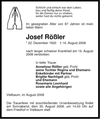 Traueranzeige von Josef Rößler von ALLGEMEINE ZEITUNG UELZEN