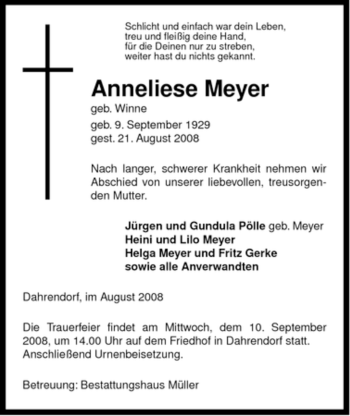 Traueranzeige von Anneliese Meyer von ALLGEMEINE ZEITUNG UELZEN