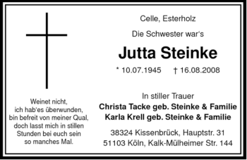 Traueranzeige von Jutta Steinke von ALLGEMEINE ZEITUNG UELZEN