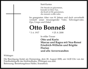 Traueranzeige von Otto Bonneß von ALLGEMEINE ZEITUNG UELZEN