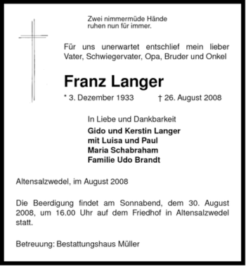 Traueranzeige von Franz Langer von ALLGEMEINE ZEITUNG UELZEN