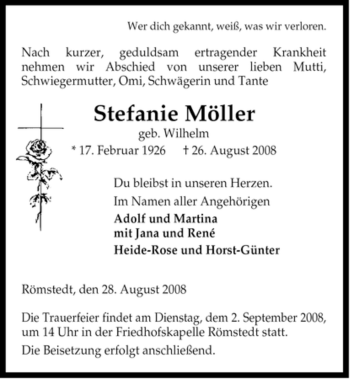 Traueranzeige von Stefanie Möller von ALLGEMEINE ZEITUNG UELZEN