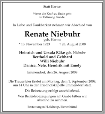 Traueranzeige von Renate Niebuhr von ALLGEMEINE ZEITUNG UELZEN