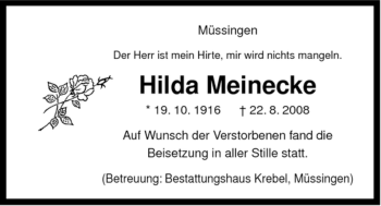 Traueranzeige von Hilda Meinecke von ALLGEMEINE ZEITUNG UELZEN