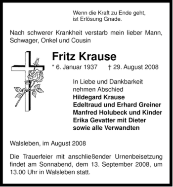 Traueranzeige von Fritz Krause von ALLGEMEINE ZEITUNG UELZEN