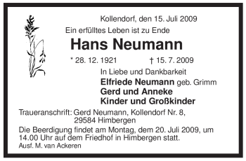 Traueranzeige von Hans Neumann von ALLGEMEINE ZEITUNG UELZEN