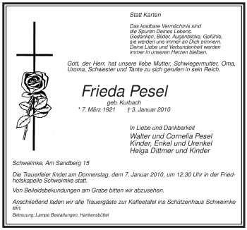 Traueranzeige von Frieda Pesel von ALLGEMEINE ZEITUNG UELZEN