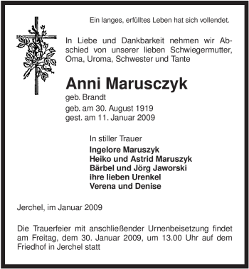 Traueranzeige von Anni Marusczyk von ALLGEMEINE ZEITUNG UELZEN