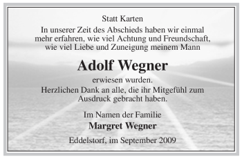 Traueranzeige von Adolf Wegner von ALLGEMEINE ZEITUNG UELZEN