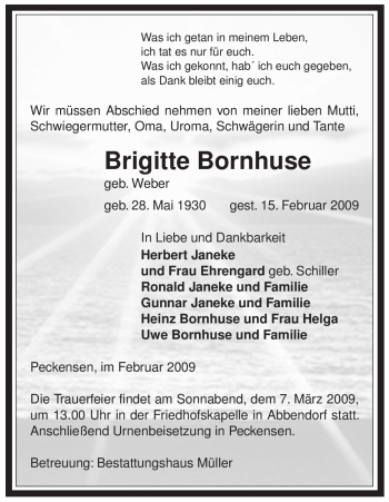 Traueranzeige von Brigitte Bornhuse von ALLGEMEINE ZEITUNG UELZEN