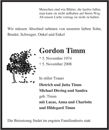 Traueranzeige von Gordon Timm von ALLGEMEINE ZEITUNG UELZEN