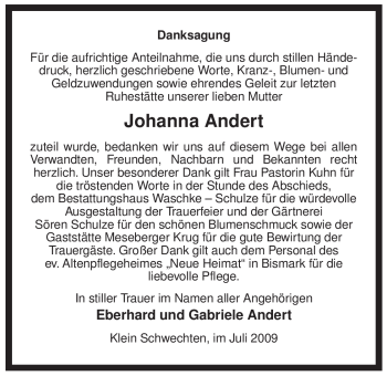 Traueranzeige von Johanna Andert von ALLGEMEINE ZEITUNG UELZEN