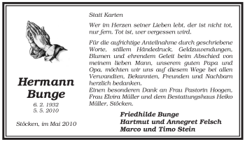 Traueranzeige von Hermann Bunge von ALLGEMEINE ZEITUNG UELZEN