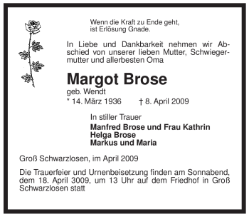 Traueranzeige von Margot Brose von ALLGEMEINE ZEITUNG UELZEN