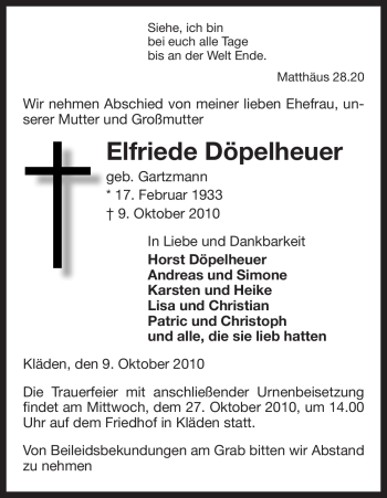 Traueranzeige von Elfriede Döpelheuer von ALLGEMEINE ZEITUNG UELZEN