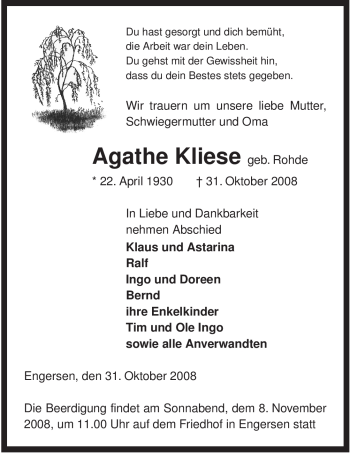 Traueranzeige von Agathe Kliese von ALLGEMEINE ZEITUNG UELZEN