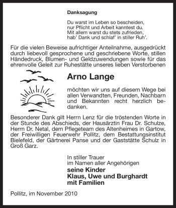 Traueranzeige von Arno Lange von ALLGEMEINE ZEITUNG UELZEN