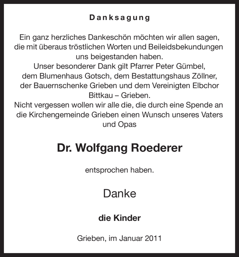  Traueranzeige für Wolfgang Roederer vom 22.01.2011 aus ALLGEMEINE ZEITUNG UELZEN