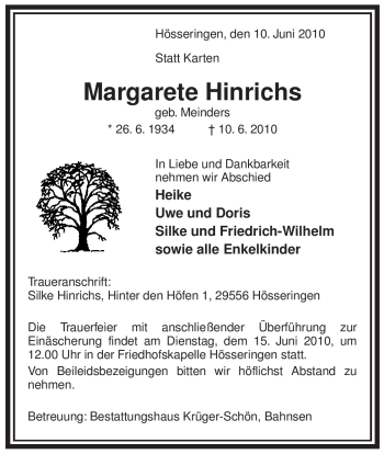 Traueranzeige von Margarete Hinrichs von ALLGEMEINE ZEITUNG UELZEN