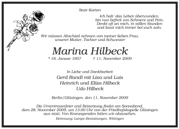 Traueranzeige von Marina Hilbeck von ALLGEMEINE ZEITUNG UELZEN