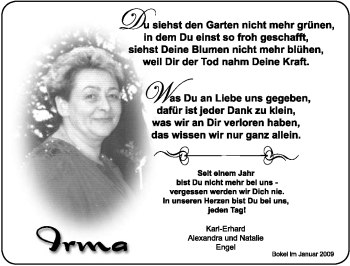 Traueranzeige von Irma Unbekannt von ALLGEMEINE ZEITUNG UELZEN