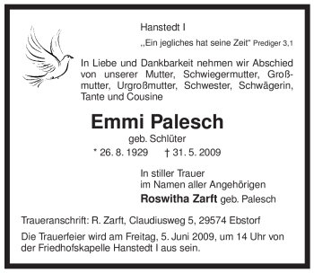 Traueranzeige von Emmi Palesch von ALLGEMEINE ZEITUNG UELZEN