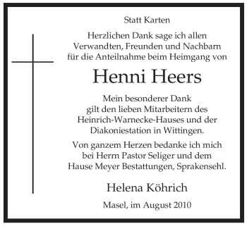 Traueranzeige von Henni Heers von ALLGEMEINE ZEITUNG UELZEN