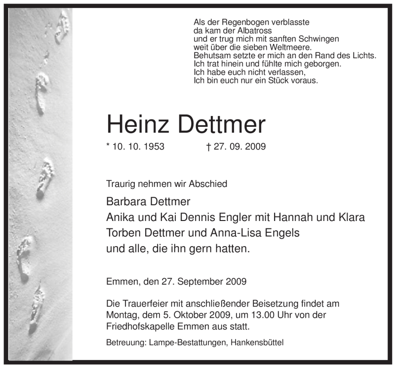  Traueranzeige für Heinz Dettmer vom 29.09.2009 aus ALLGEMEINE ZEITUNG UELZEN