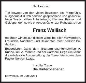 Traueranzeige von Franz Wallisch von ALLGEMEINE ZEITUNG UELZEN