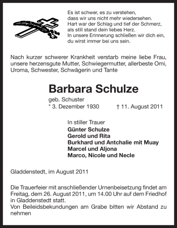 Traueranzeige von Barbara Schulze von ALLGEMEINE ZEITUNG UELZEN