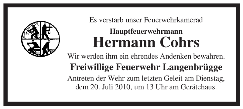  Traueranzeige für Hermann Cohrs vom 16.07.2010 aus ALLGEMEINE ZEITUNG UELZEN