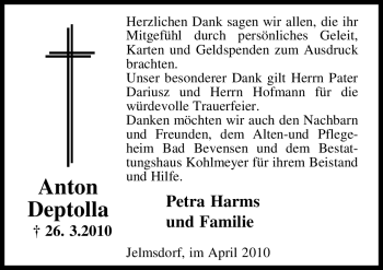 Traueranzeige von Anton Deptolla von ALLGEMEINE ZEITUNG UELZEN