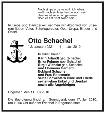 Traueranzeige von Otto Schachel von ALLGEMEINE ZEITUNG UELZEN