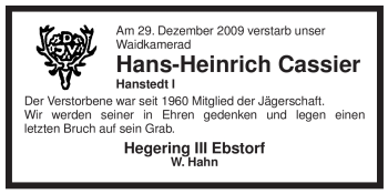 Traueranzeige von Hans-Heinrich Cassier von ALLGEMEINE ZEITUNG UELZEN