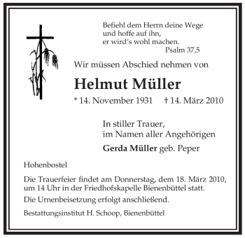 Traueranzeige von Helmut Müller von ALLGEMEINE ZEITUNG UELZEN