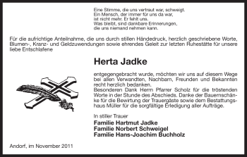 Traueranzeige von Herta Jadke von ALLGEMEINE ZEITUNG UELZEN