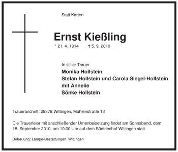 Traueranzeige von Ernst Kießling von ALLGEMEINE ZEITUNG UELZEN